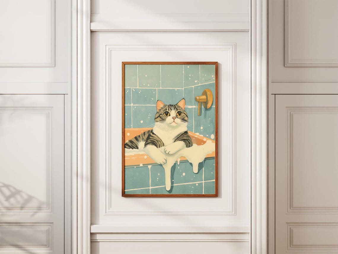 Tabby Cat in Bubble Bath Golden Faucet Teal Tile Cat Wall Poster - Image 2