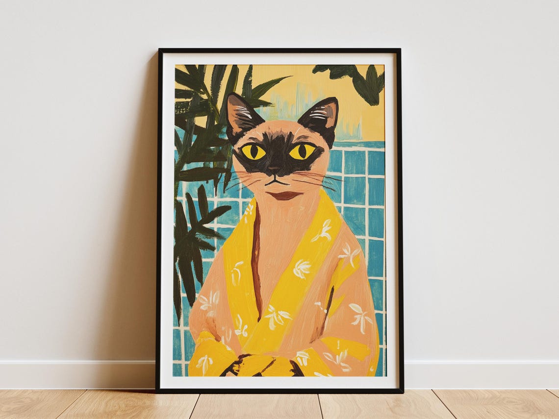 Siamese Cat Yellow Kimono Tropical Tile Exotic Artwork Poster
