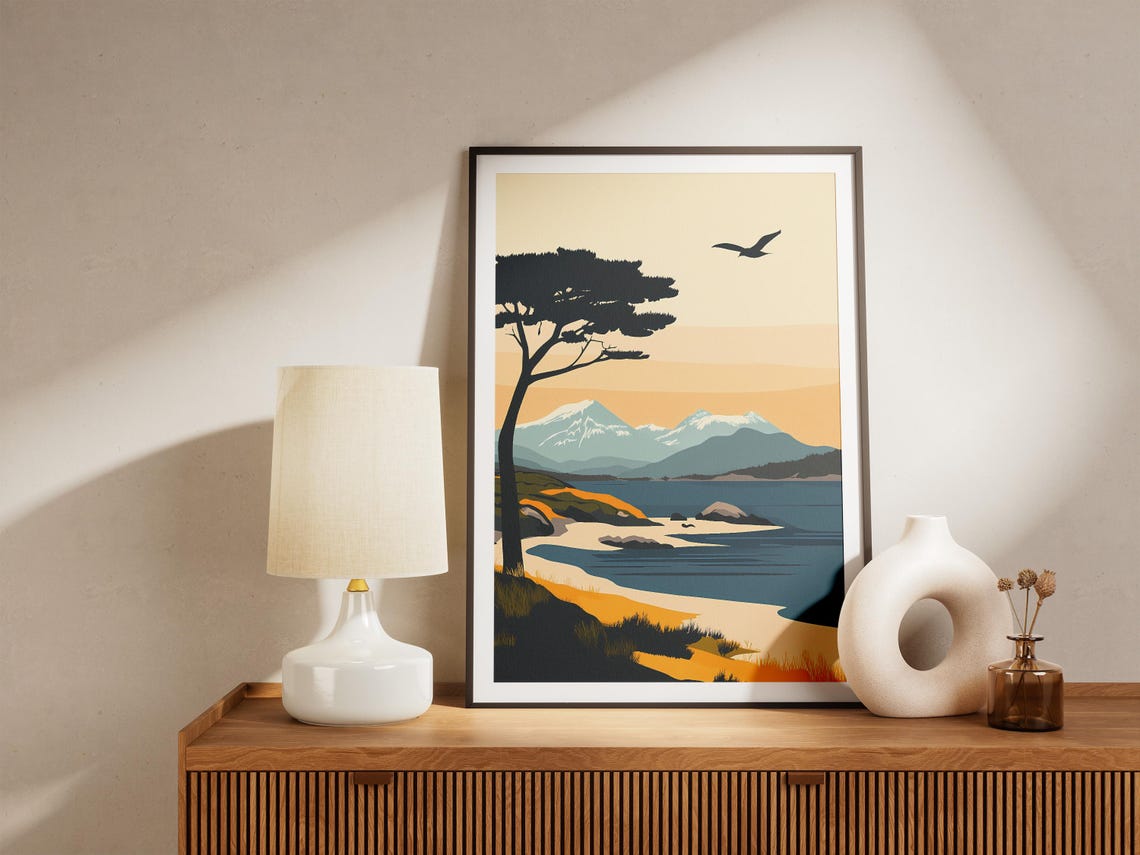 Coastal Shore Silhouette Tree Snowy Peaks Seabird Sunset Poster - Image 5
