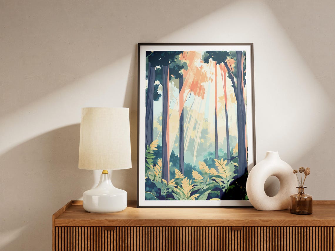 Sunlight Streaming Through Tall Pine Forest Fern Floor Poster - Image 5