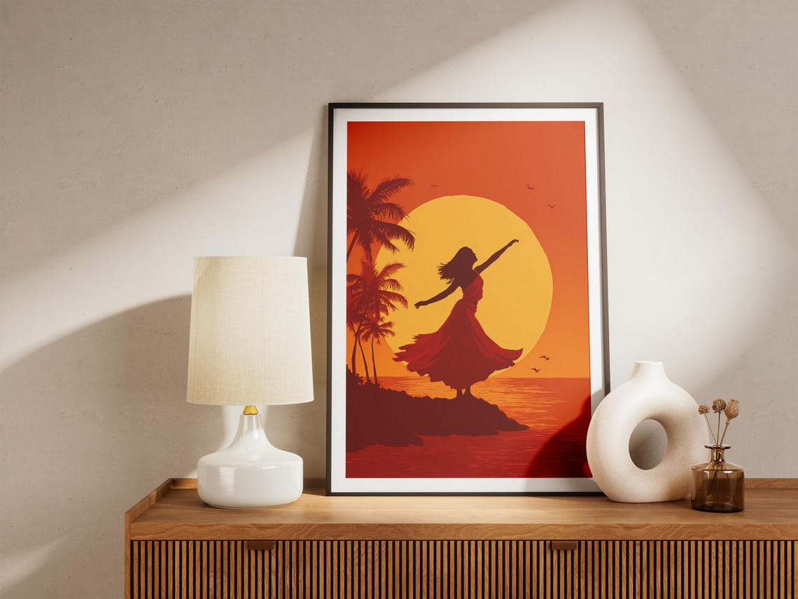 Hula Dancer Sunset Silhouette Big Yellow Sun Palm Trees Poster - Image 4