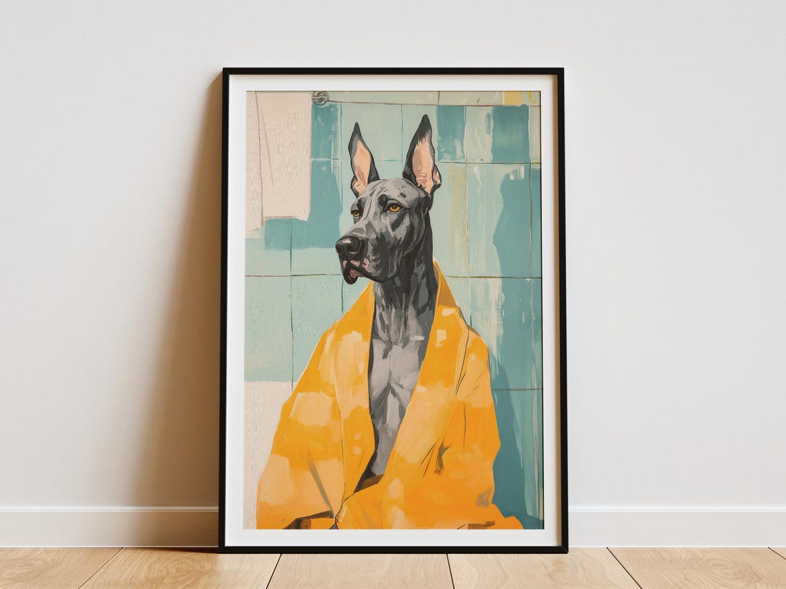 Great Dane Dog in Yellow Bathrobe Funny Cute Bathroom Art Poster