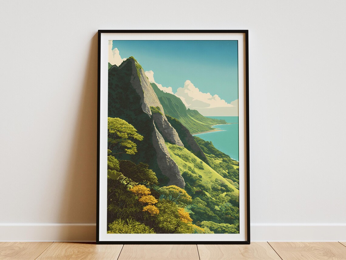 Pali Lookout Hawaii Green Cliff Coastline Vintage Travel Art Poster