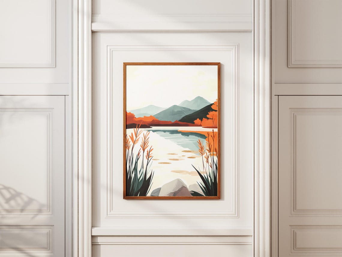Abstract Mountain Lake With Orange Reeds Modern Nature Poster - Image 2