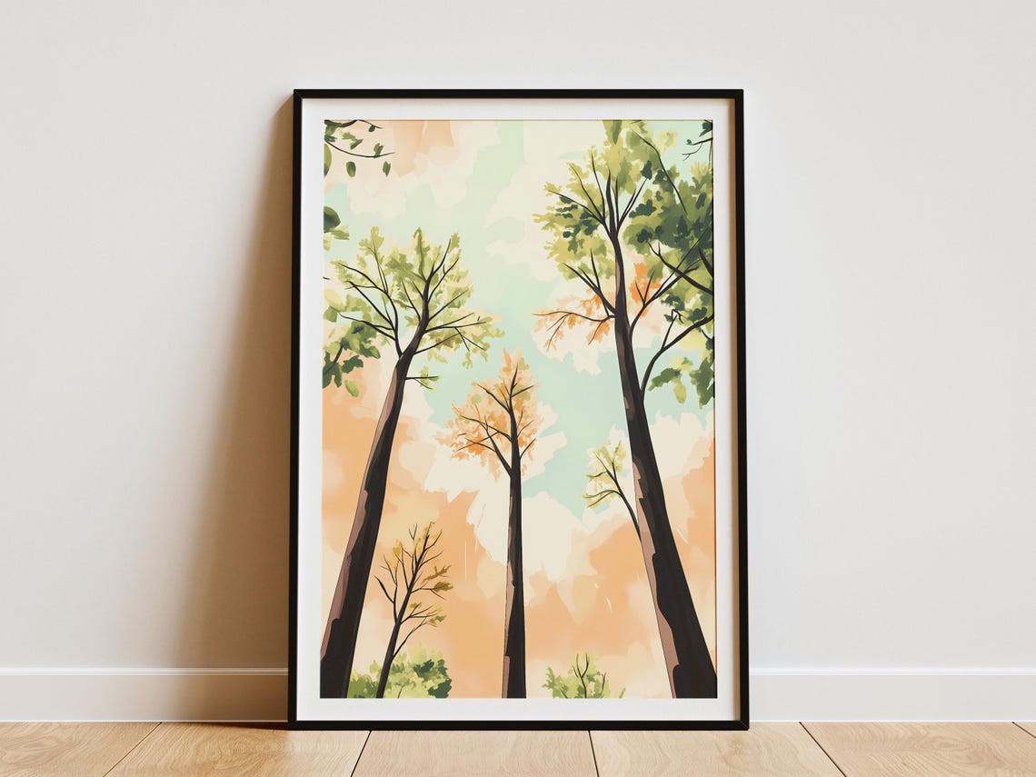 Towering Spring Trees Against Pastel Sky Minimalist Nature Poster