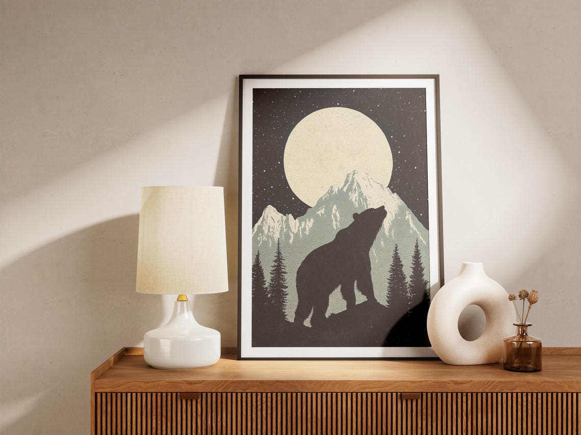Bear Silhouette Moonlit Mountain Night Sky Vintage Art Poster - Image 4