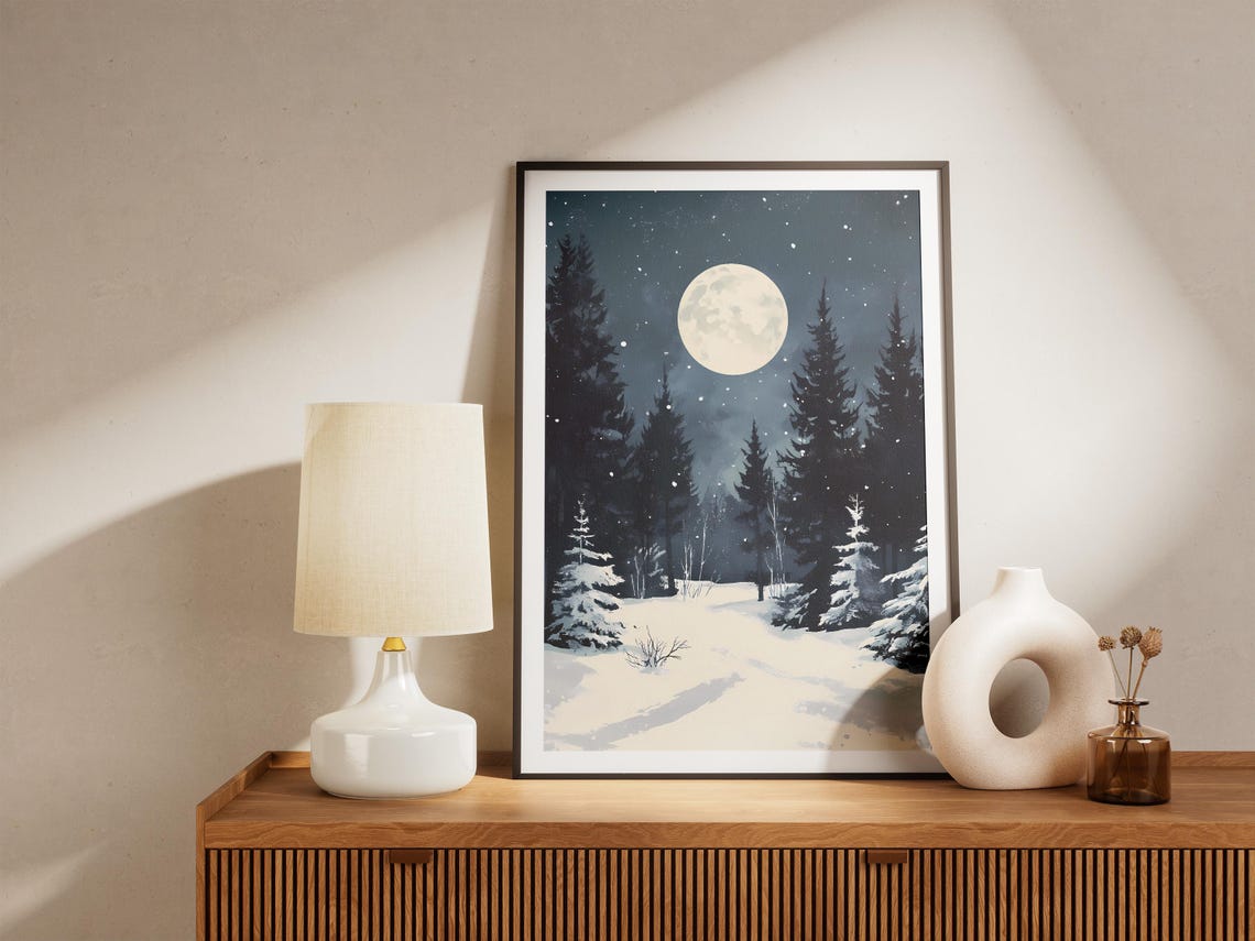 Full Moon Over a Snowy Night Forest with Stars and Falling Snow Poster - Image 5