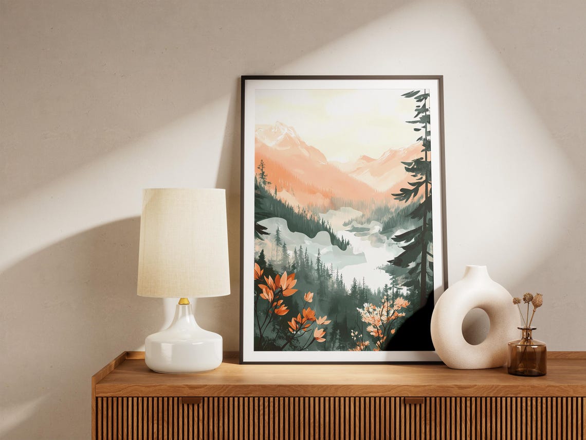 Misty Mountain Valley Fog Sunrise Watercolor Landscape Art Poster - Image 4