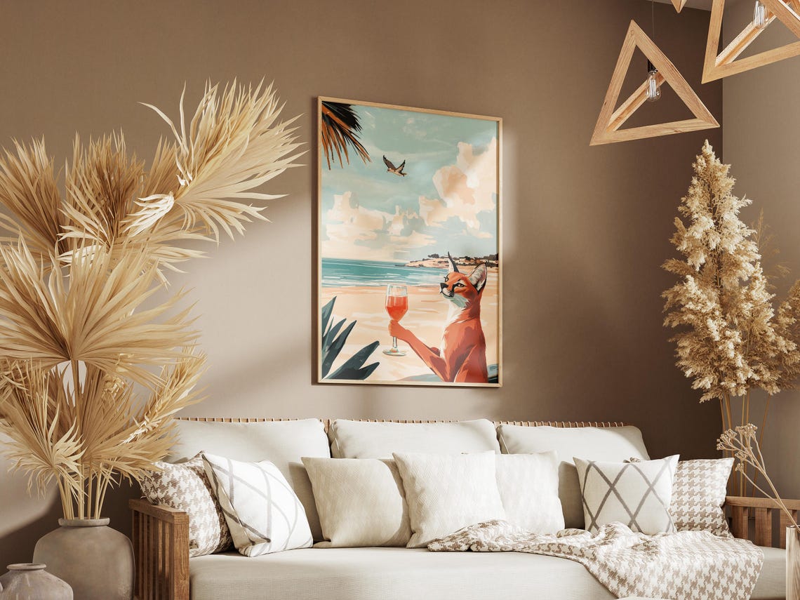 Elegant Caracal Cat Holding a Wine Glass at Sunset Beach Poster - Image 3
