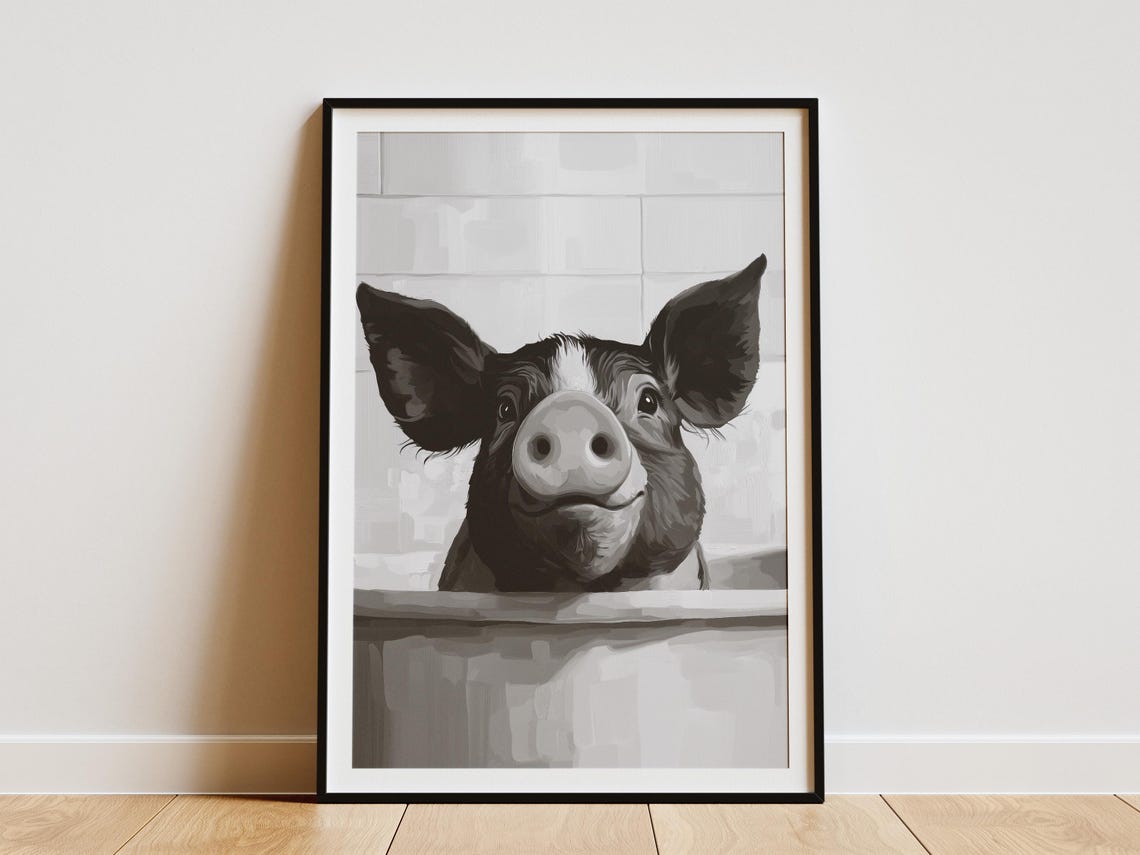 Pig In Bathtub Poster Funny Black And White Bathroom Wall Decor