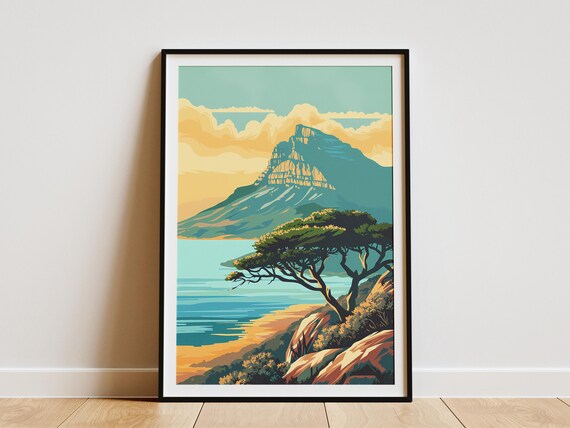 Table Mountain South Africa Poster Minimalist Travel Art Print Landscape Wall Decor Mid Century Modern Home Decor