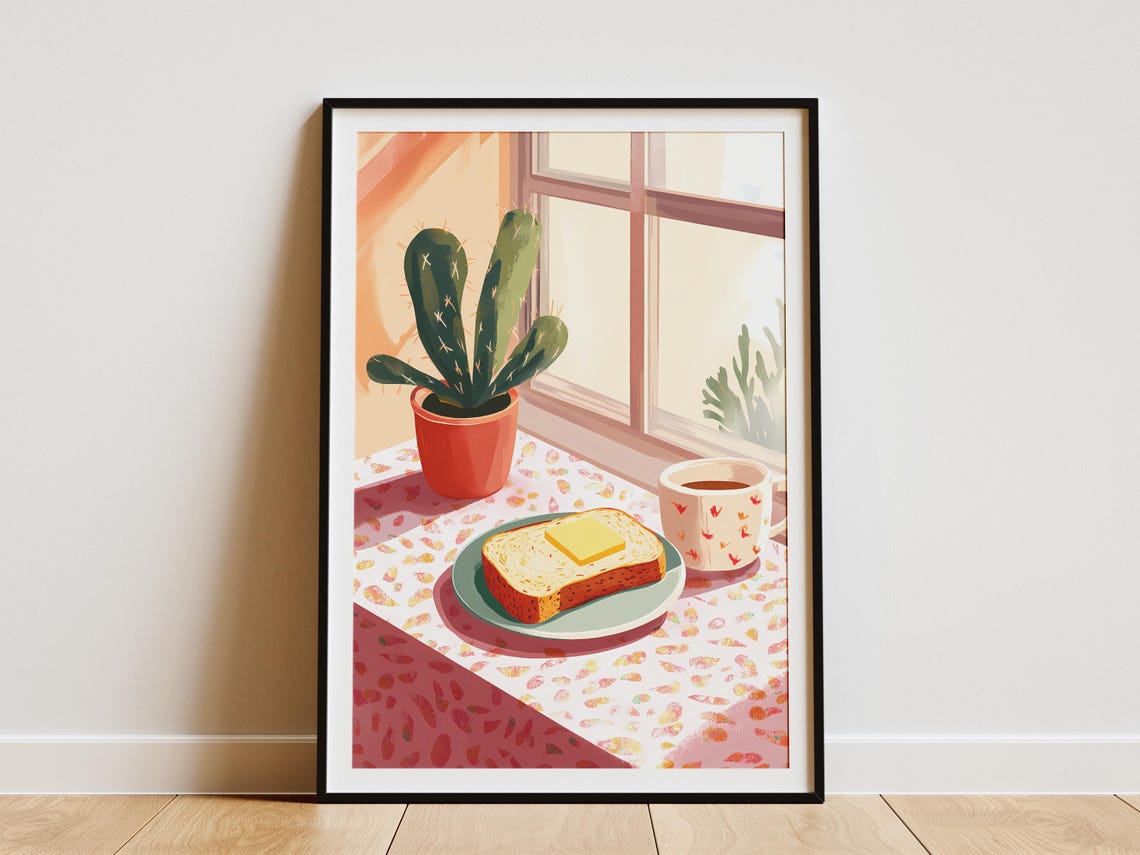 Buttered Toast Coffee Cactus Plant Sunny Breakfast Kitchen Poster
