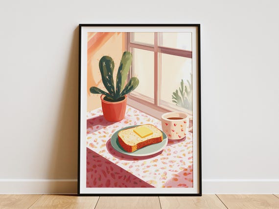 Buttered Toast Coffee Print Sunlit Breakfast Poster Minimalist Kitchen Wall Art Modern Food Illustration Cute Food Decor Whimsical Print
