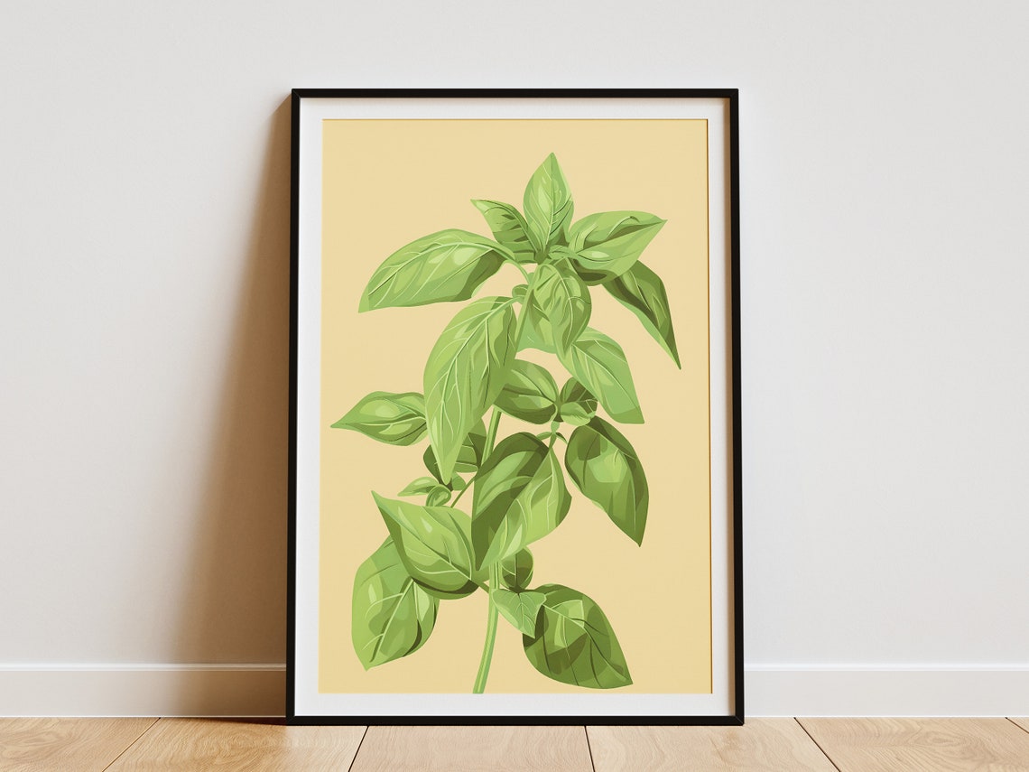 Fresh Basil Plant Cream Background Botanical Kitchen Decor Poster