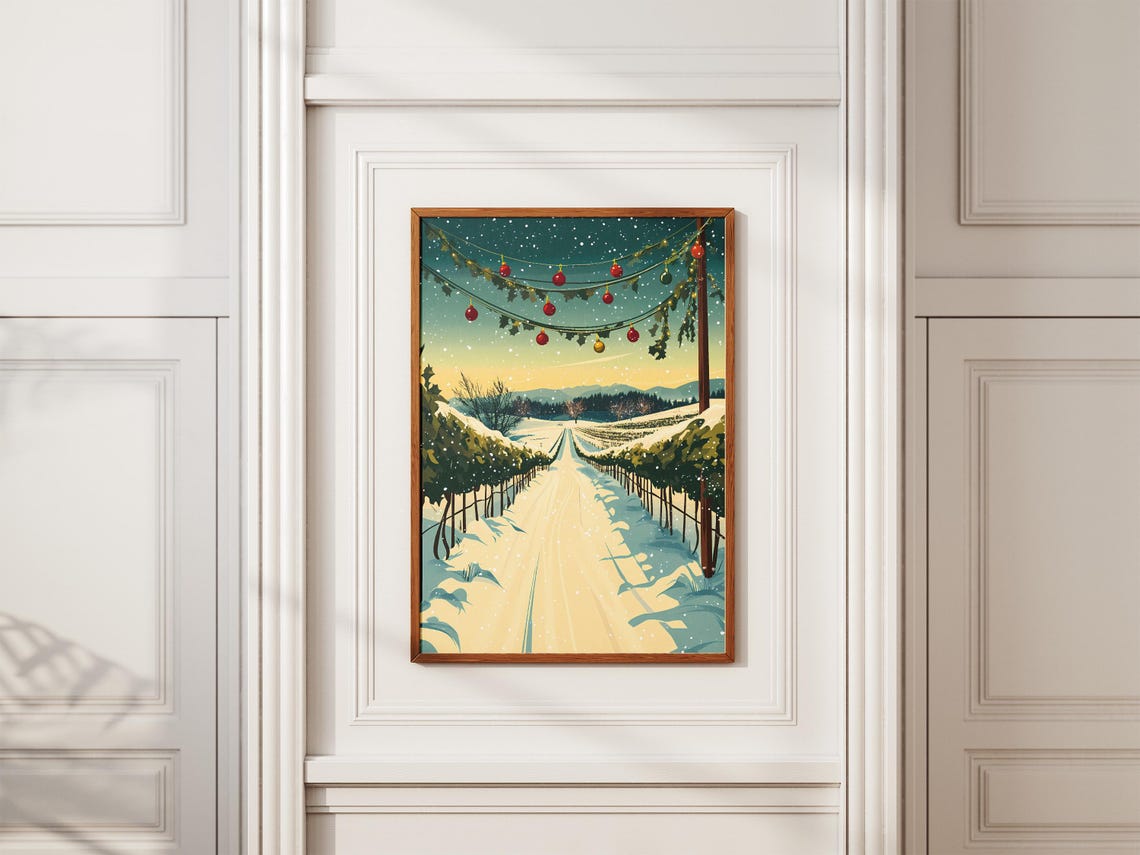Snowy Vineyard Rows With Christmas Garland Festive Winter Poster - Image 2