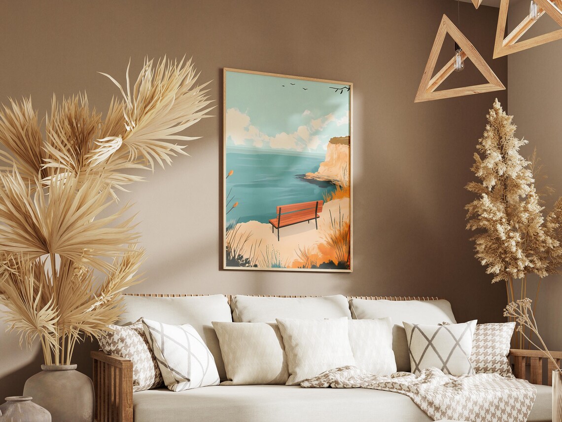 Wooden Bench Overlooking a Calm Teal Sea From a Sandy Cliff Poster - Image 3