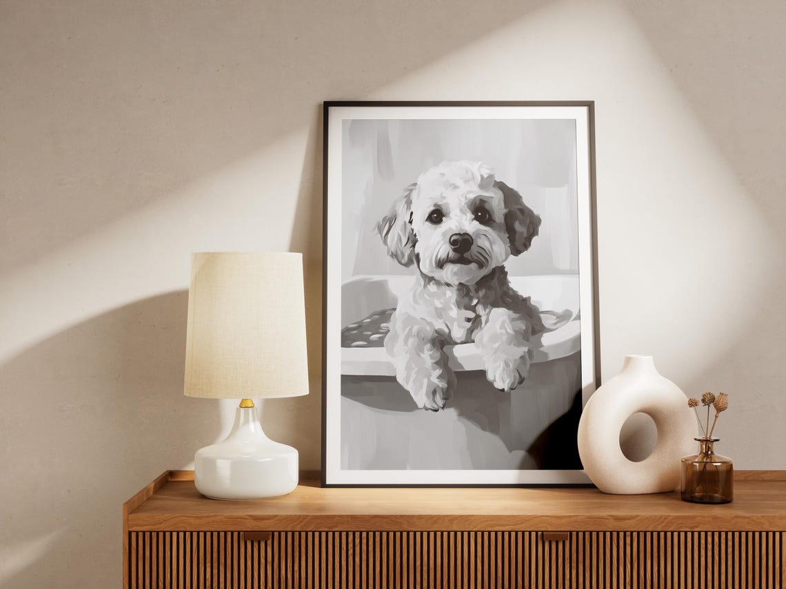 Bichon Frise Puppy In Bathtub Black and White Cute Art Poster - Image 4