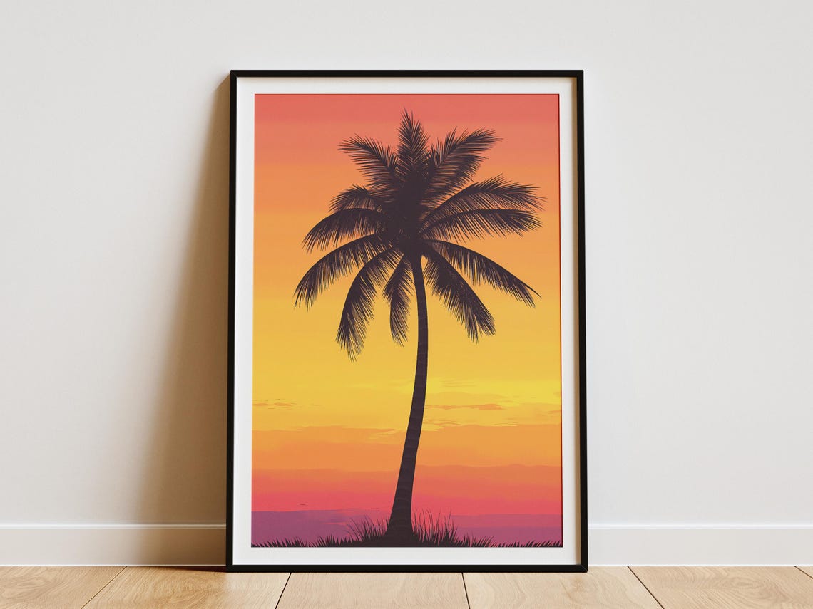 Tropical Palm Tree Silhouette Against a Vivid Orange Sunset Poster