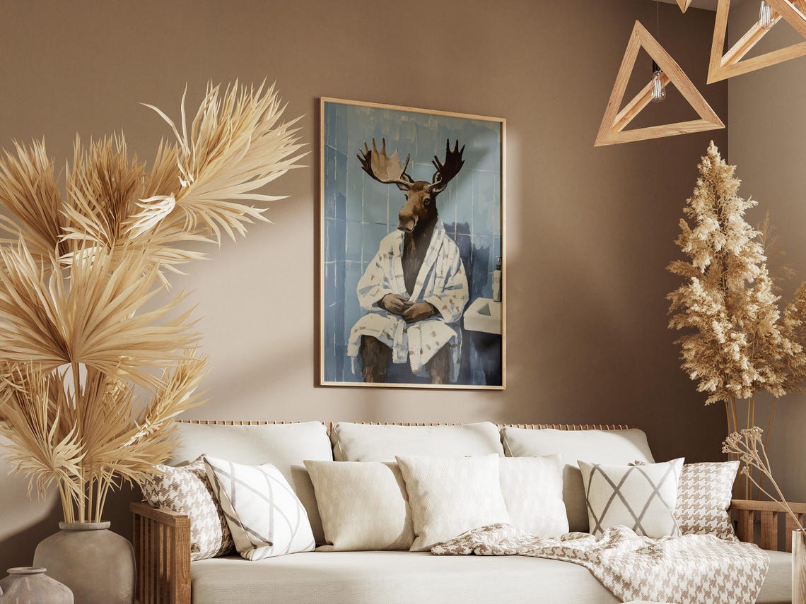 Moody Moose In White Bathrobe Blue Tile Bathroom Animal Poster - Image 3