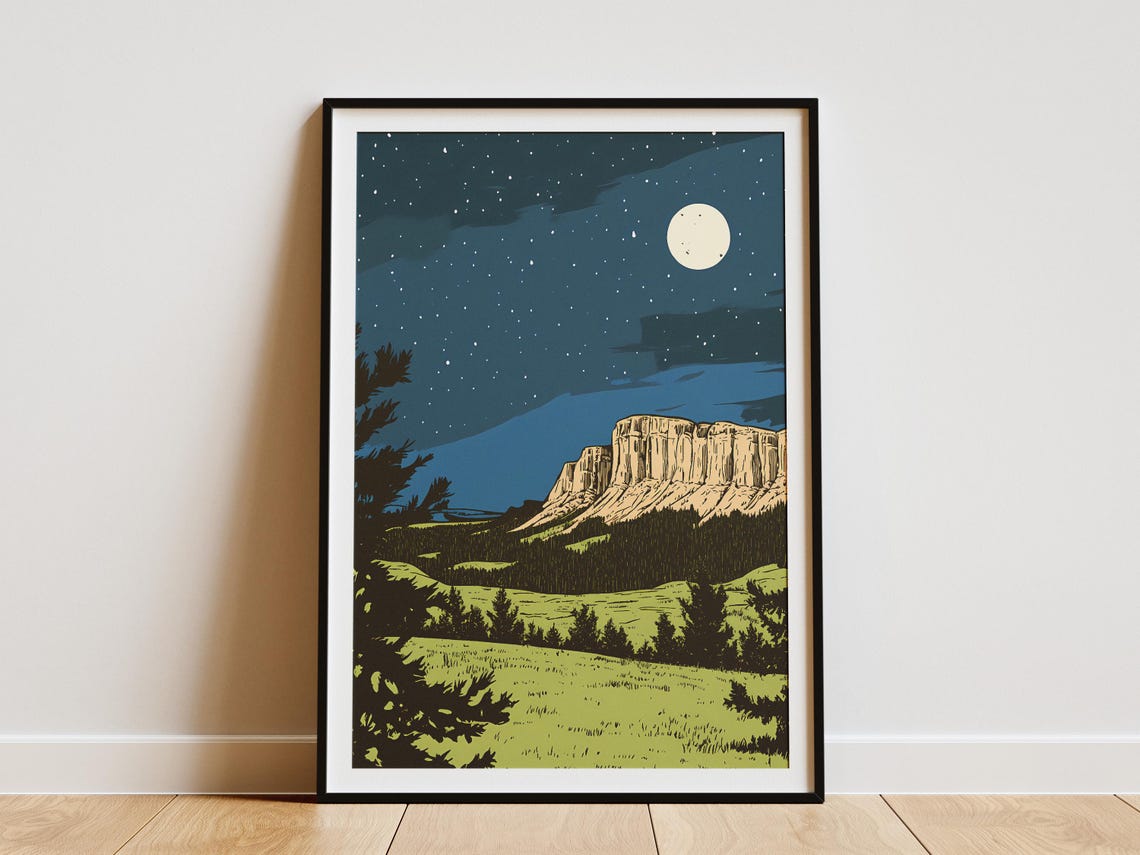 Wind Cave National Park Moonlit Cliff Meadow Under Starry Sky Poster