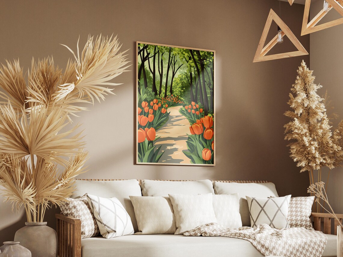 Orange Tulip Pathway Sunlit Woodland Garden Spring Art Poster - Image 3