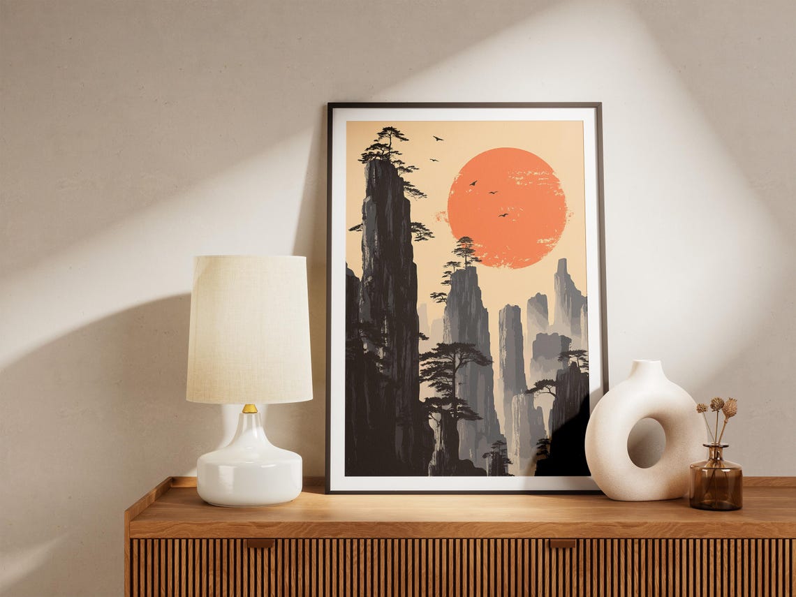 Asian Stone Forest Pillars with Ink Wash Sunset Art Poster Scenic - Image 5