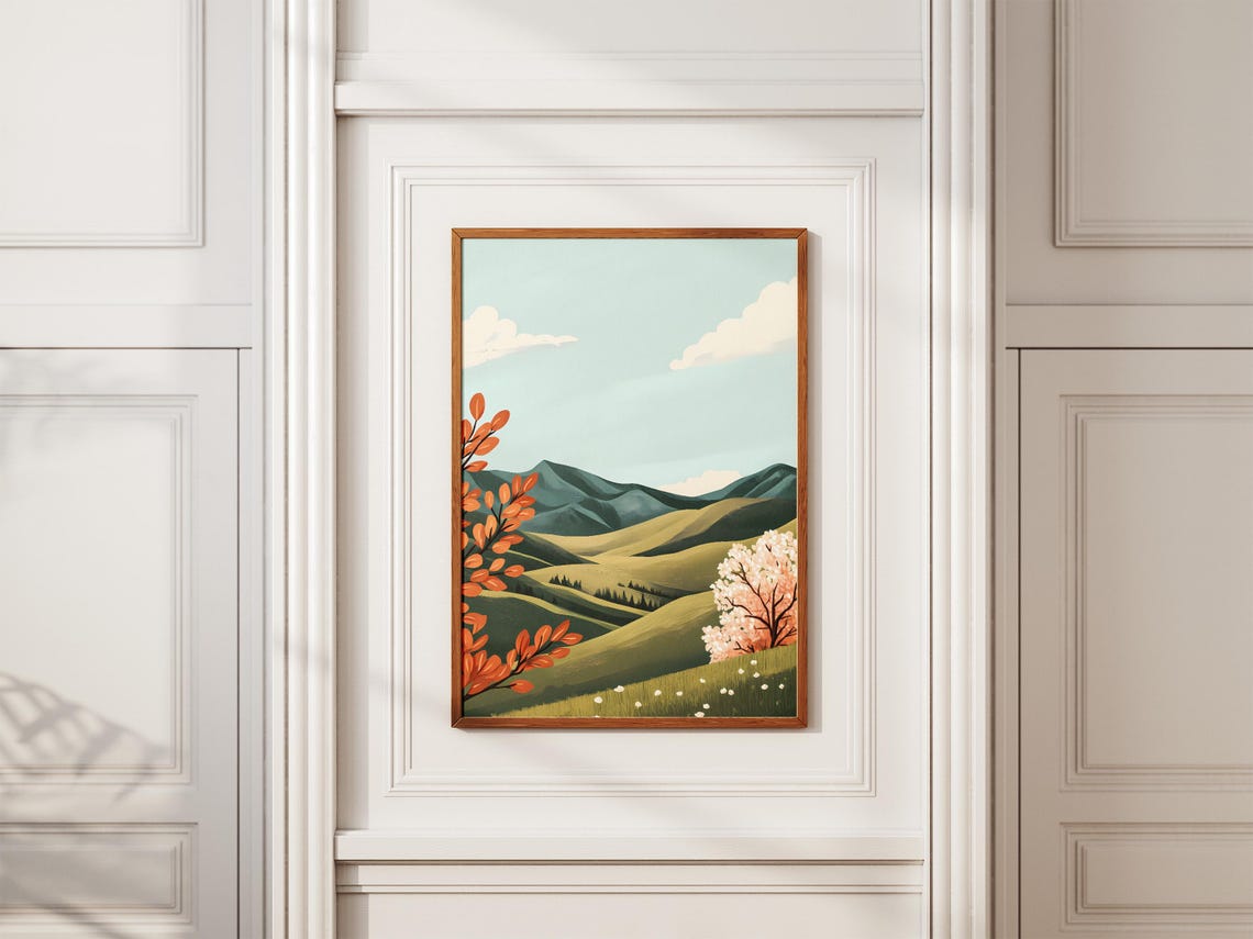 Rolling Green Hills With Pink Blossom Tree Landscape Art Poster - Image 2