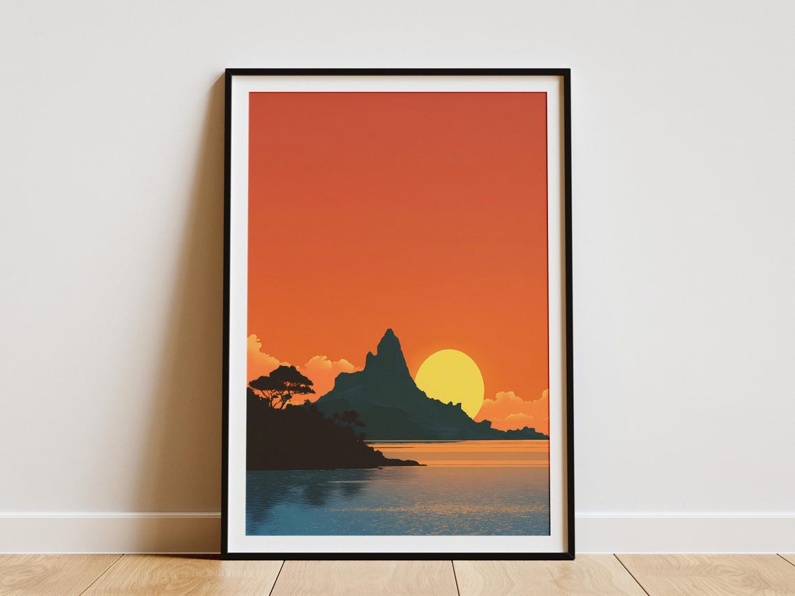 Tropical Island Sunrise Over Ocean Minimalist Sunset Art Poster