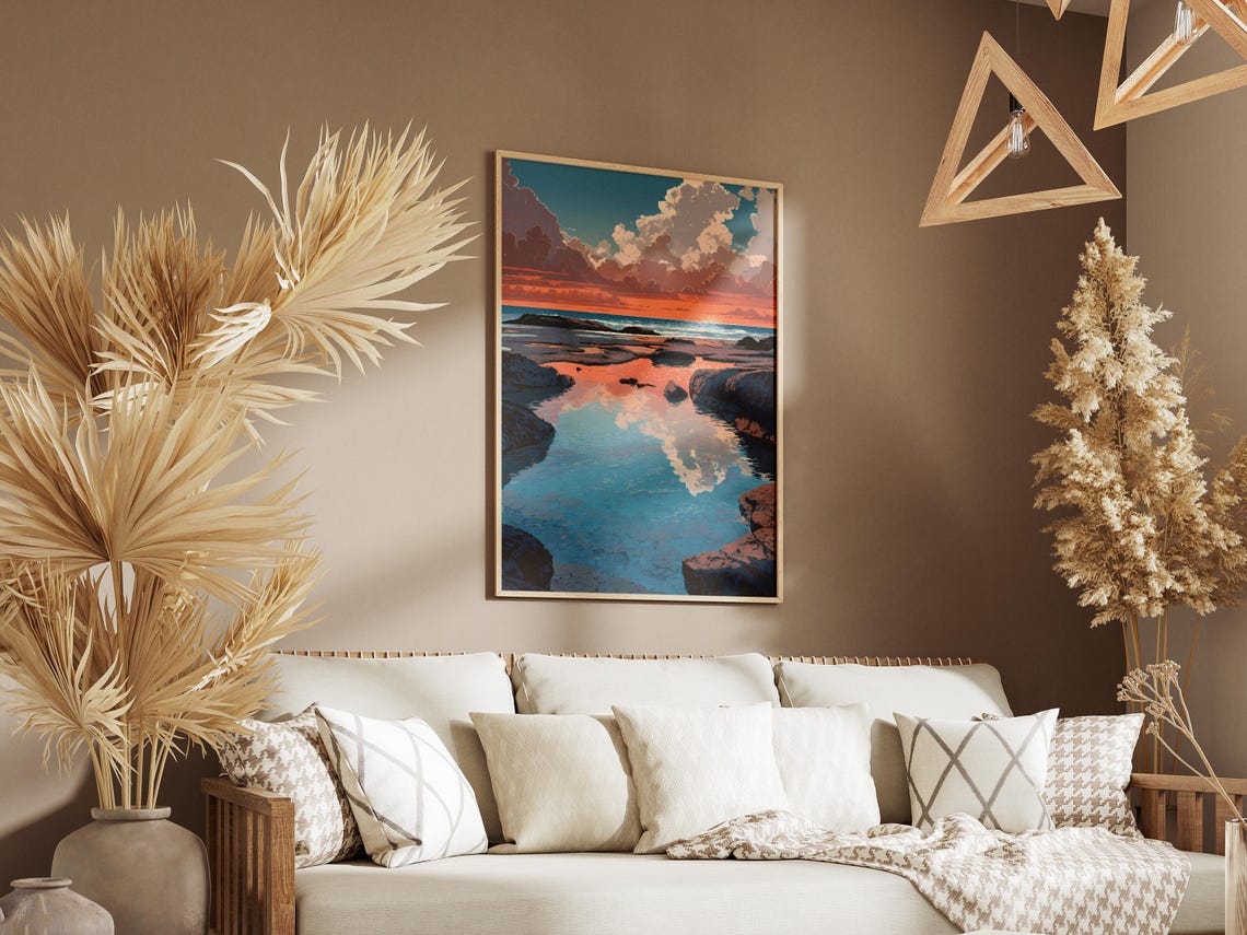Sunset Over Rocky Tide Pool Ocean Reflections Coastal Scene Art Poster - Image 3