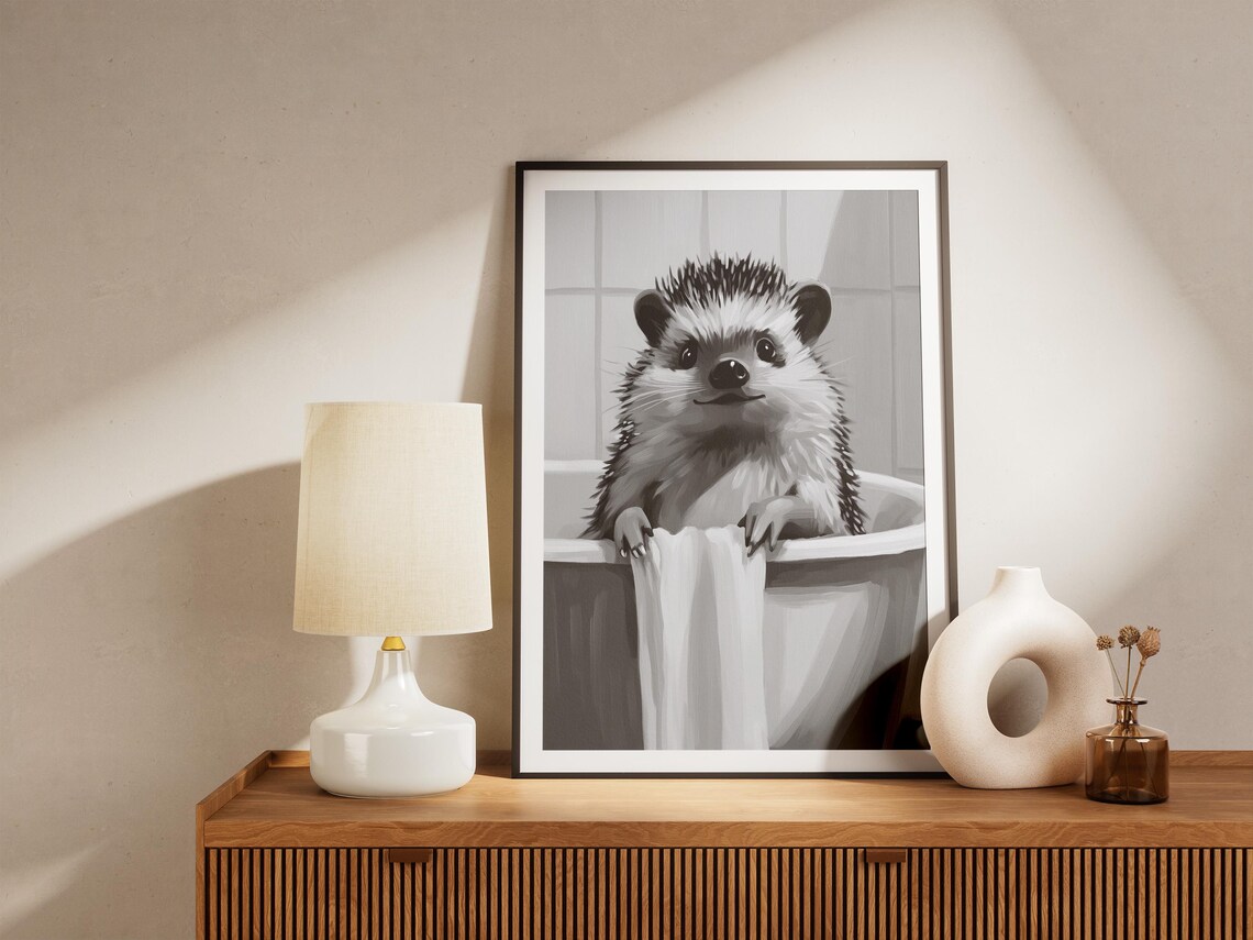 Hedgehog in Bathtub with Towel Black and White Cute Bathroom Decor Poster - Image 4