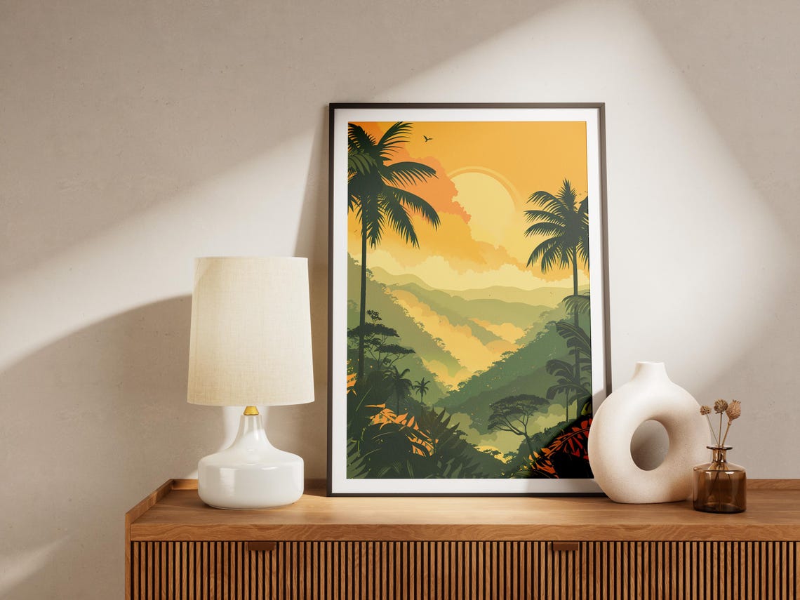 Tropical Jungle Golden Sunset Palm Silhouette Layered Hills Poster - Image 2