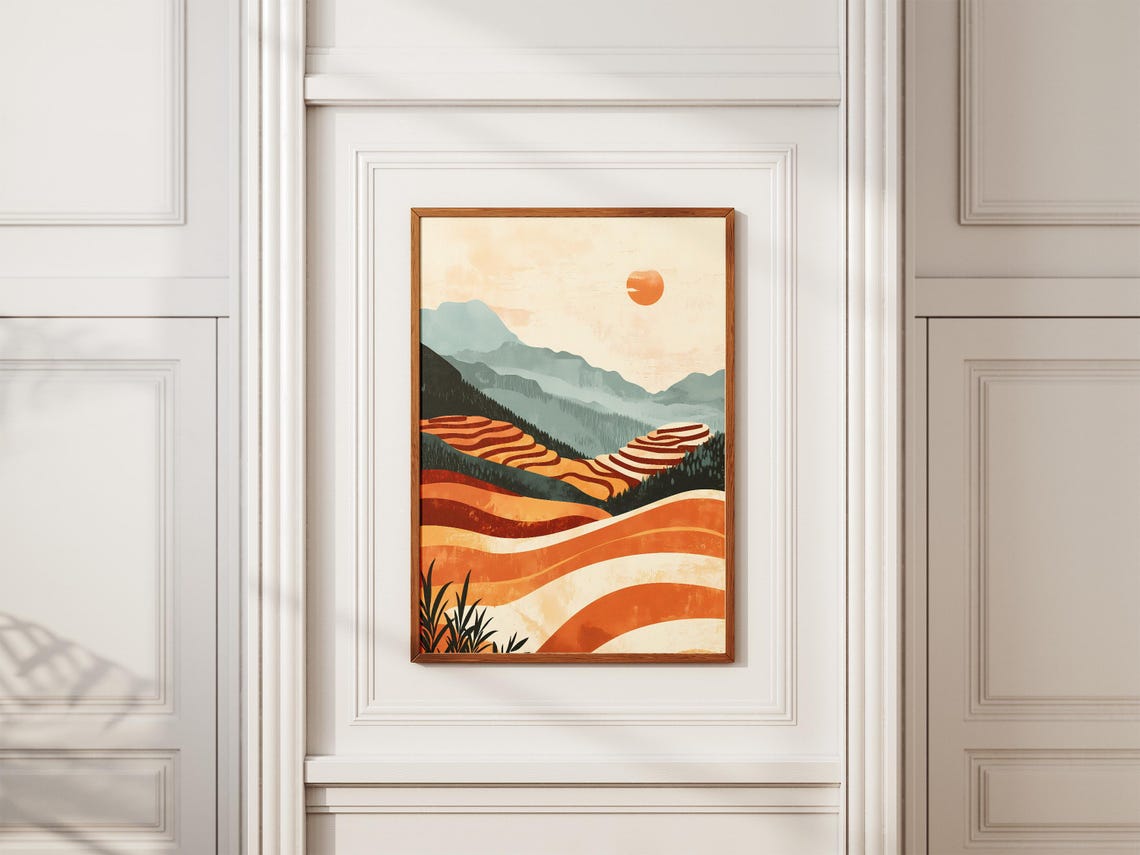 China Terraced Hills Orange Striped Fields Small Sun Art Poster - Image 2
