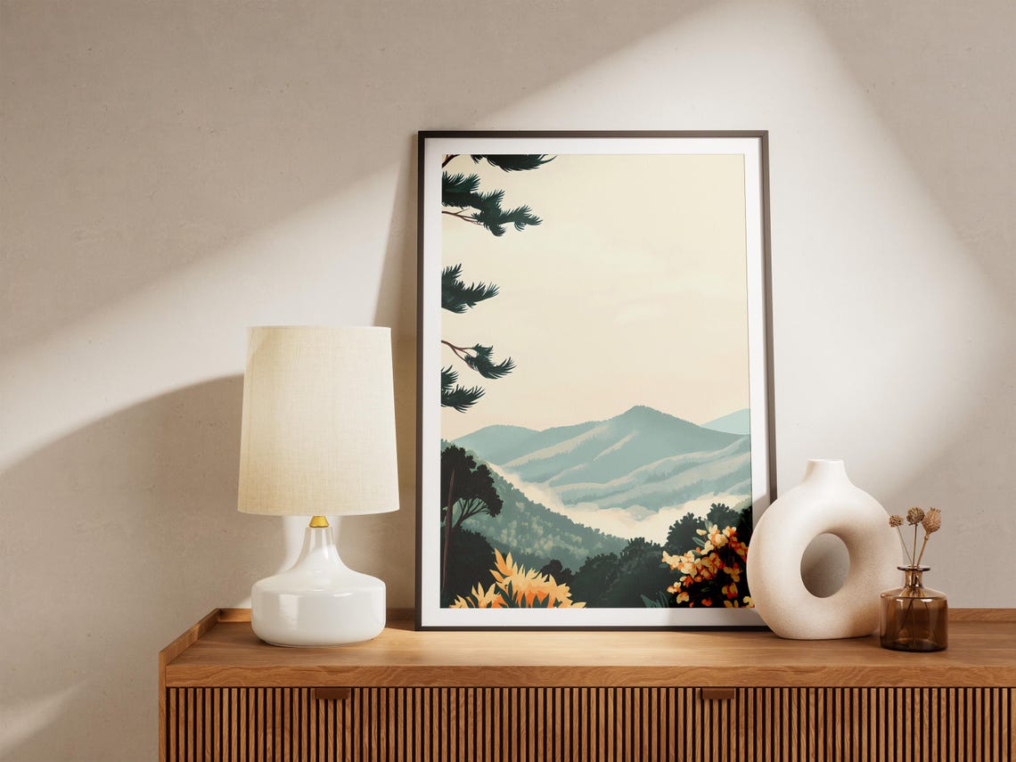 Misty Blue Mountain Ridges Yellow Wildflowers Pine Branch Poster - Image 5