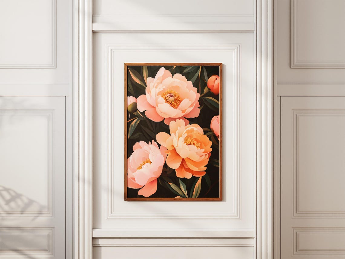 Peach Peony Blooms On Dark Background Bold Floral Art Poster - Image 2