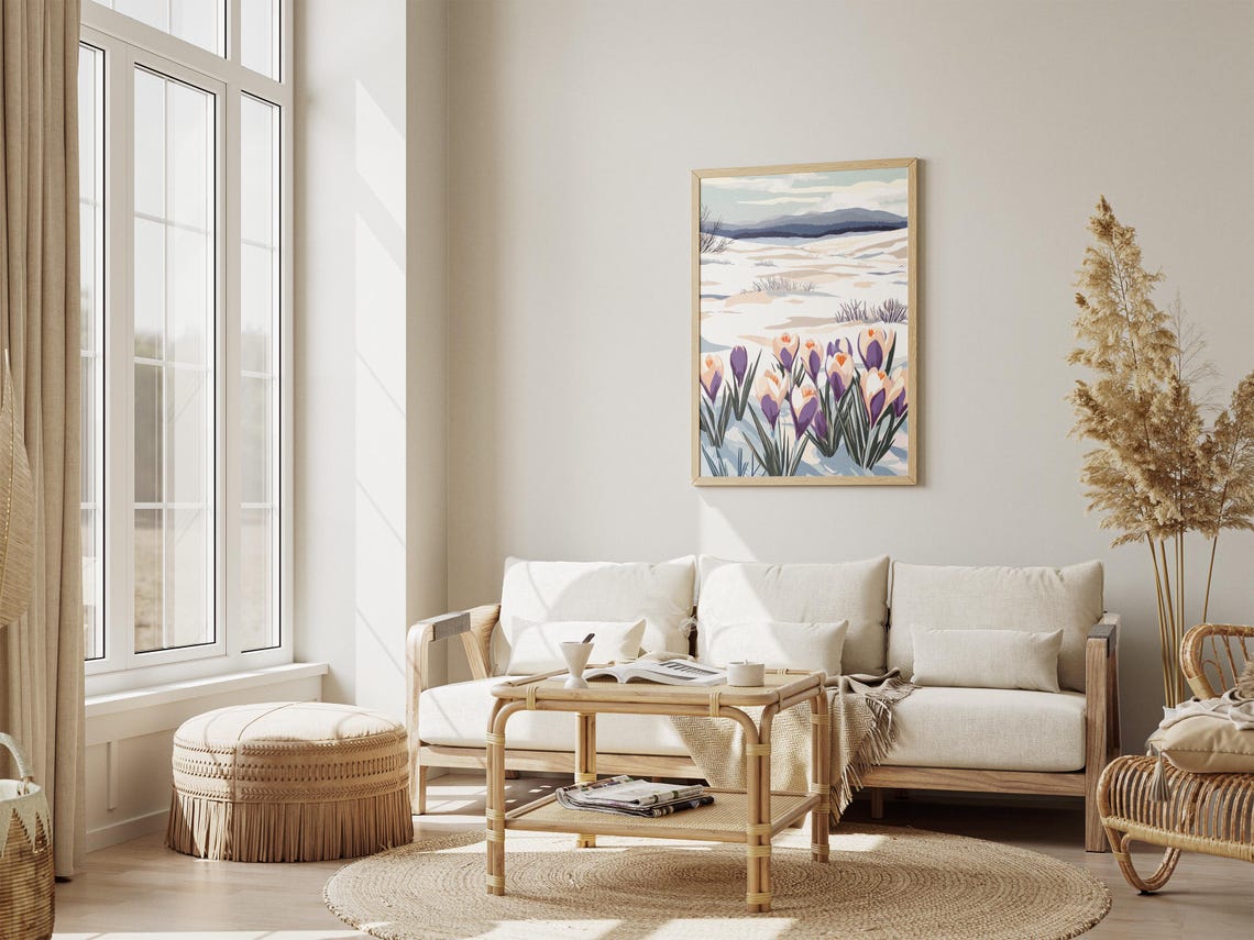 Crocus Flowers in Snow Before Distant Blue Mountains Winter Poster - Image 4