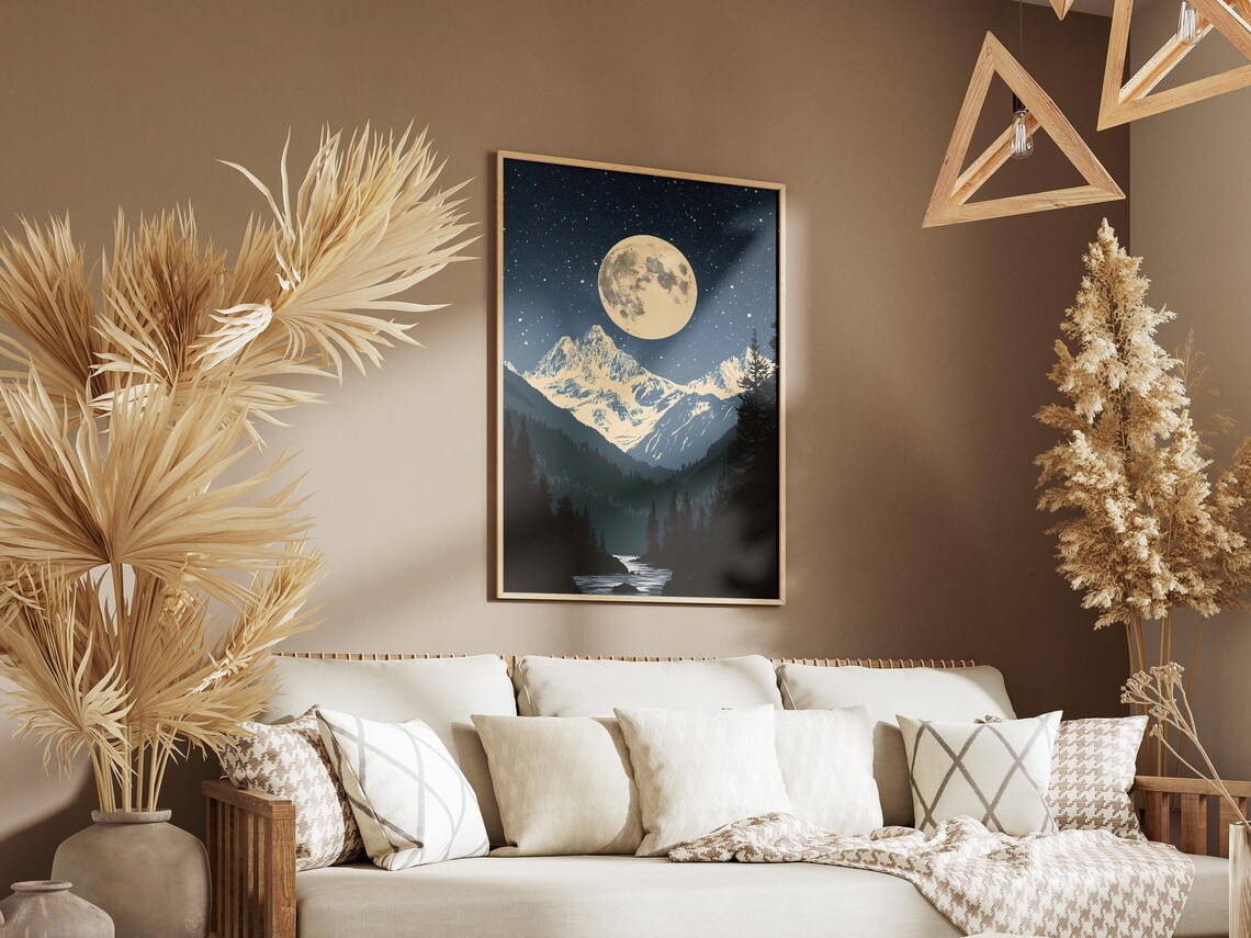 North Cascades National Park Moonlit Snow Peak Over a River Night Poster - Image 3