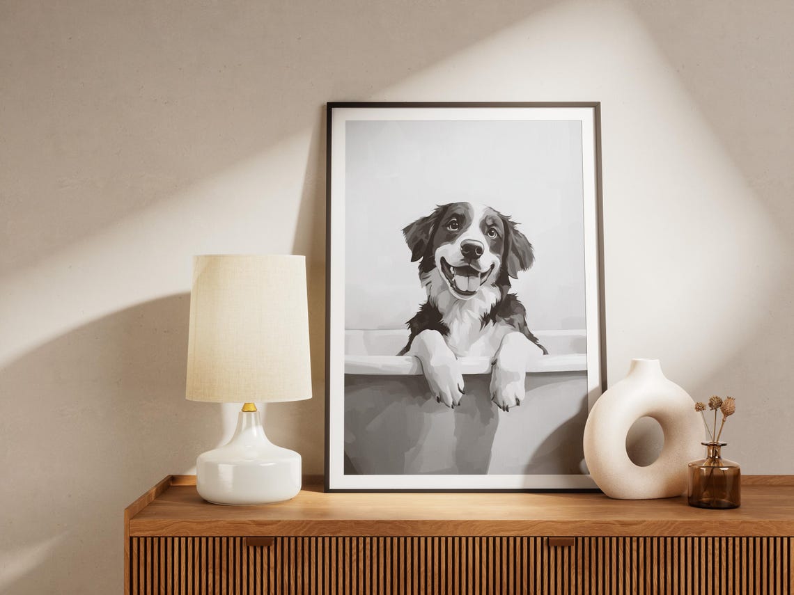 Bernese Mountain Dog In Bubble Bath Black White Funny Poster - Image 4