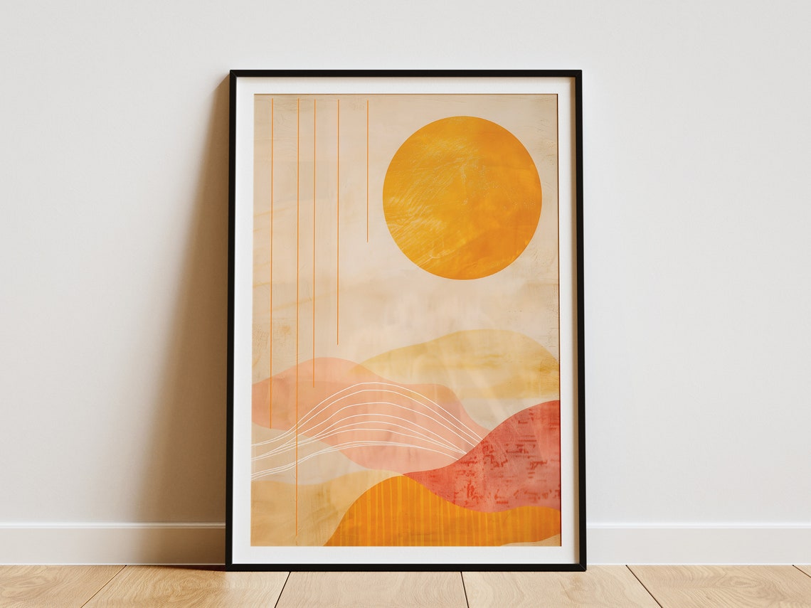 Bold Orange Sun and Blush Hills With Fine Line Detail Poster