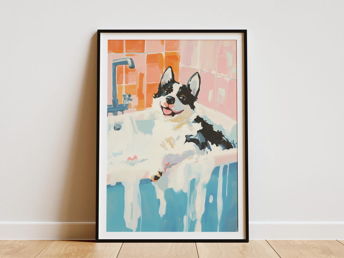 Black And White Puppy In Bubble Bath Cute Funny Bathroom Dog Poster