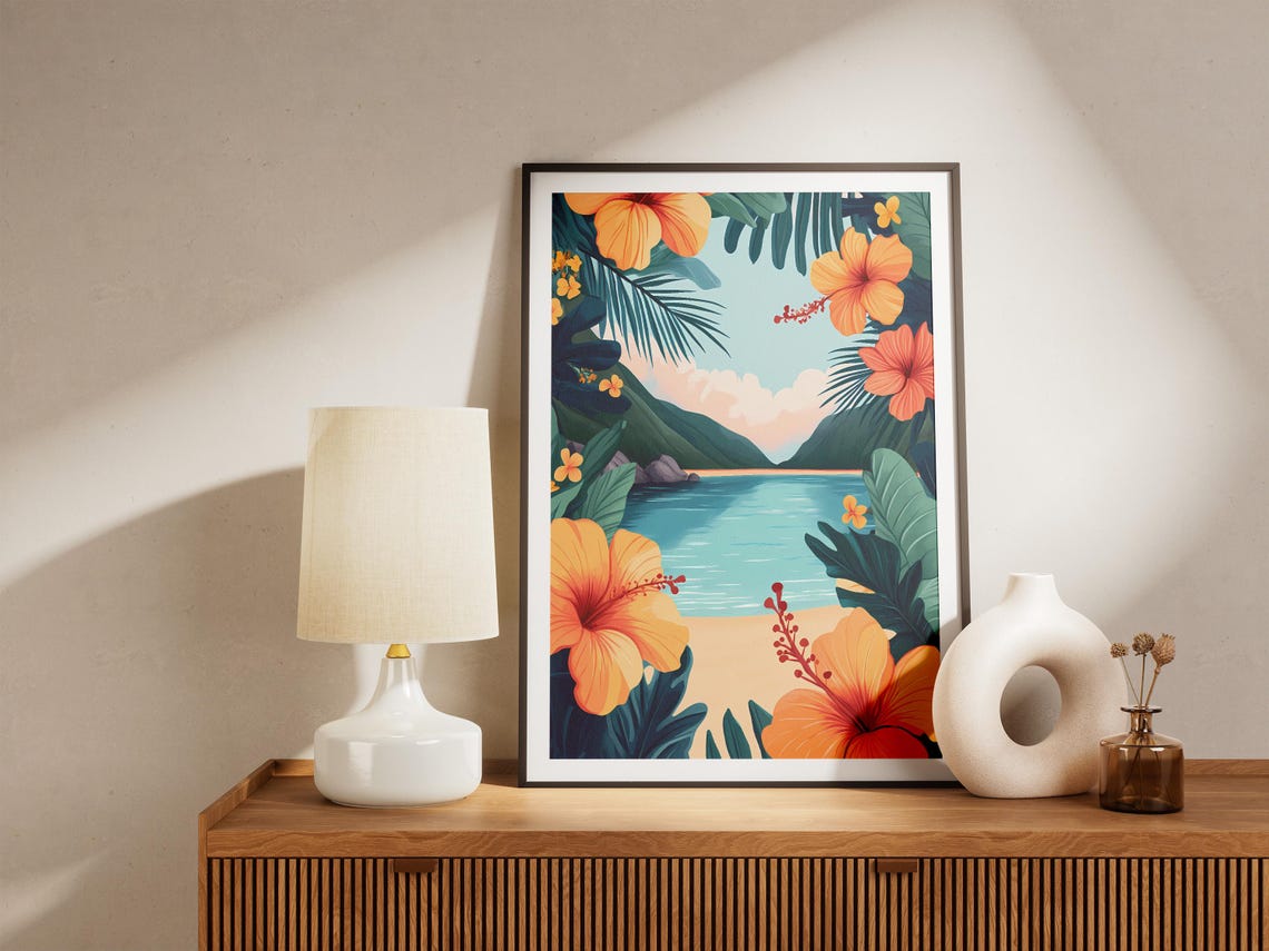 Orange Hibiscus Tropical Beach Ocean View Palm Frame Scenic Poster - Image 5