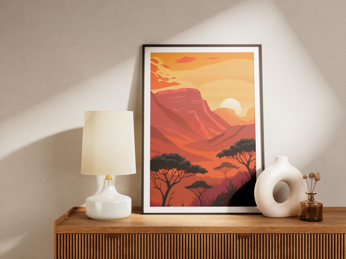 Red Canyon Mesa Sunset Acacia Trees Warm Desert Landscape Poster - Image 2