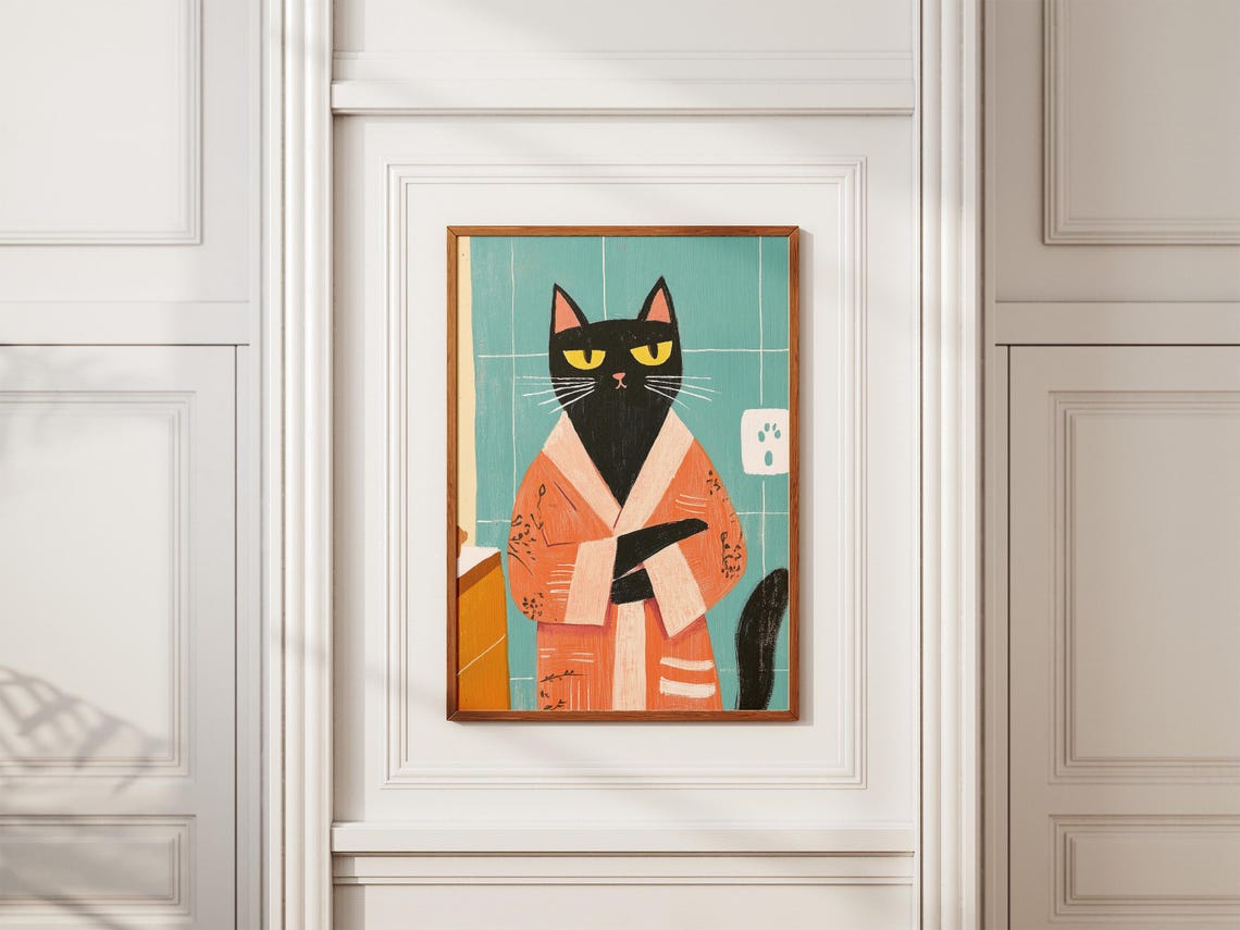Black Cat in Coral Bathrobe Teal Bathroom Funny Cat Portrait Poster - Image 2