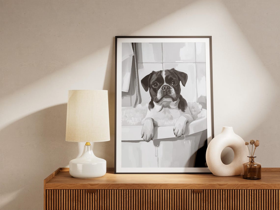 Adorable Pug Puppy Bubble Bath Minimalist Dog Bathroom Poster - Image 4