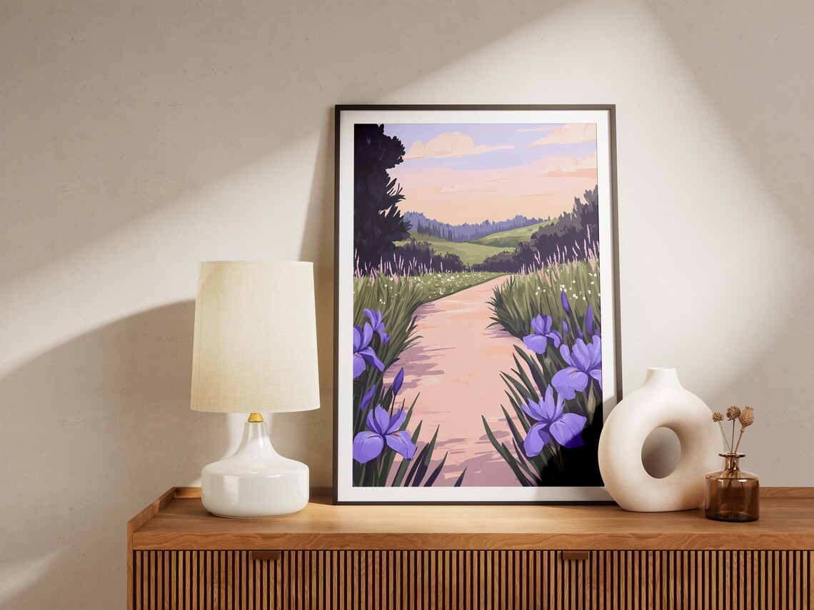 Purple Irises Lining Country Road At Sunset Serene View Poster - Image 5