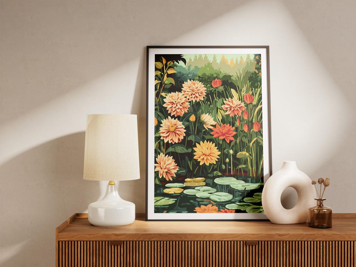 Dahlia Flower Pond With Lily Pads Summer Garden Botanical Poster - Image 5