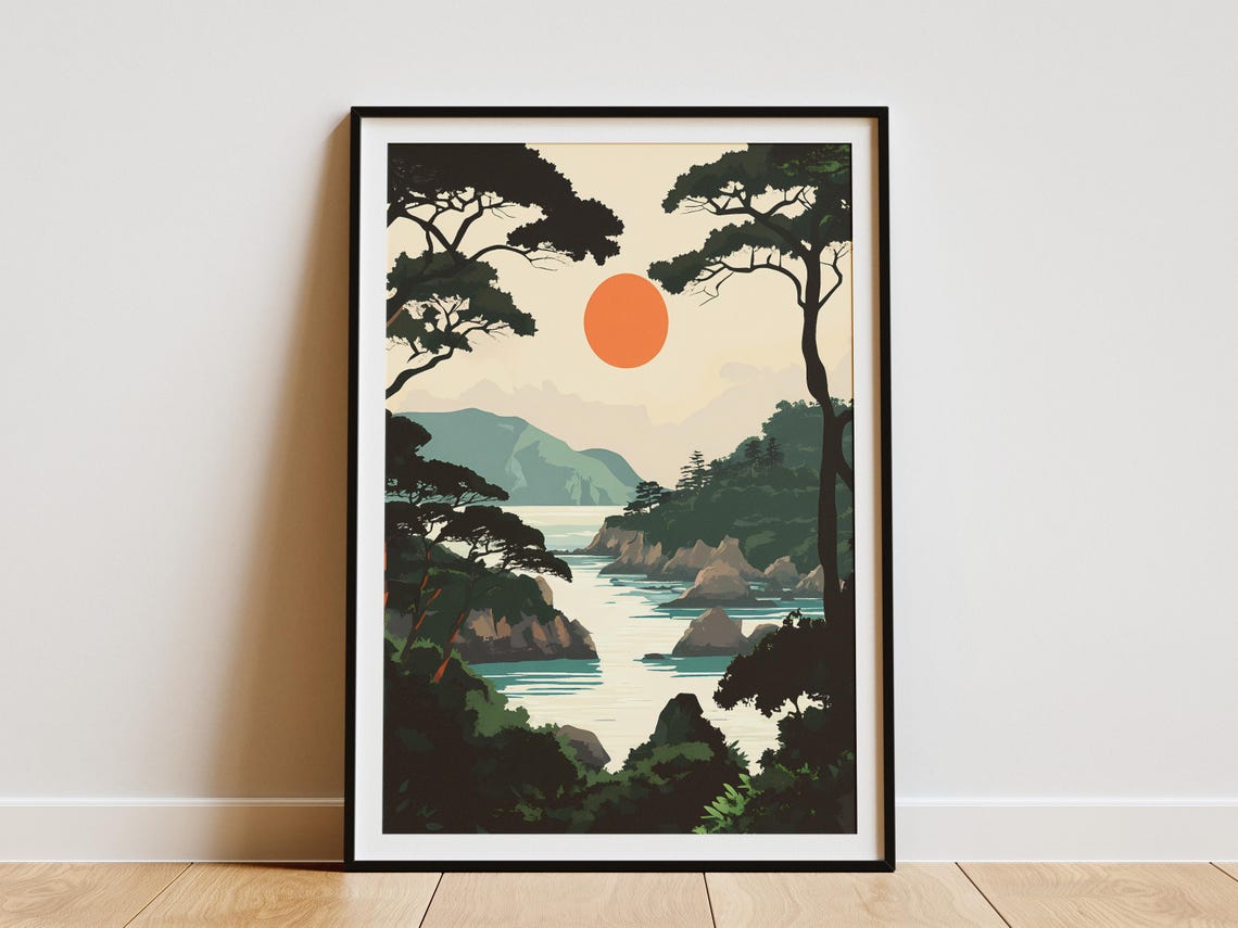 Yakushima Coastal Pines Rocky Shore Sunset Japan Travel Poster