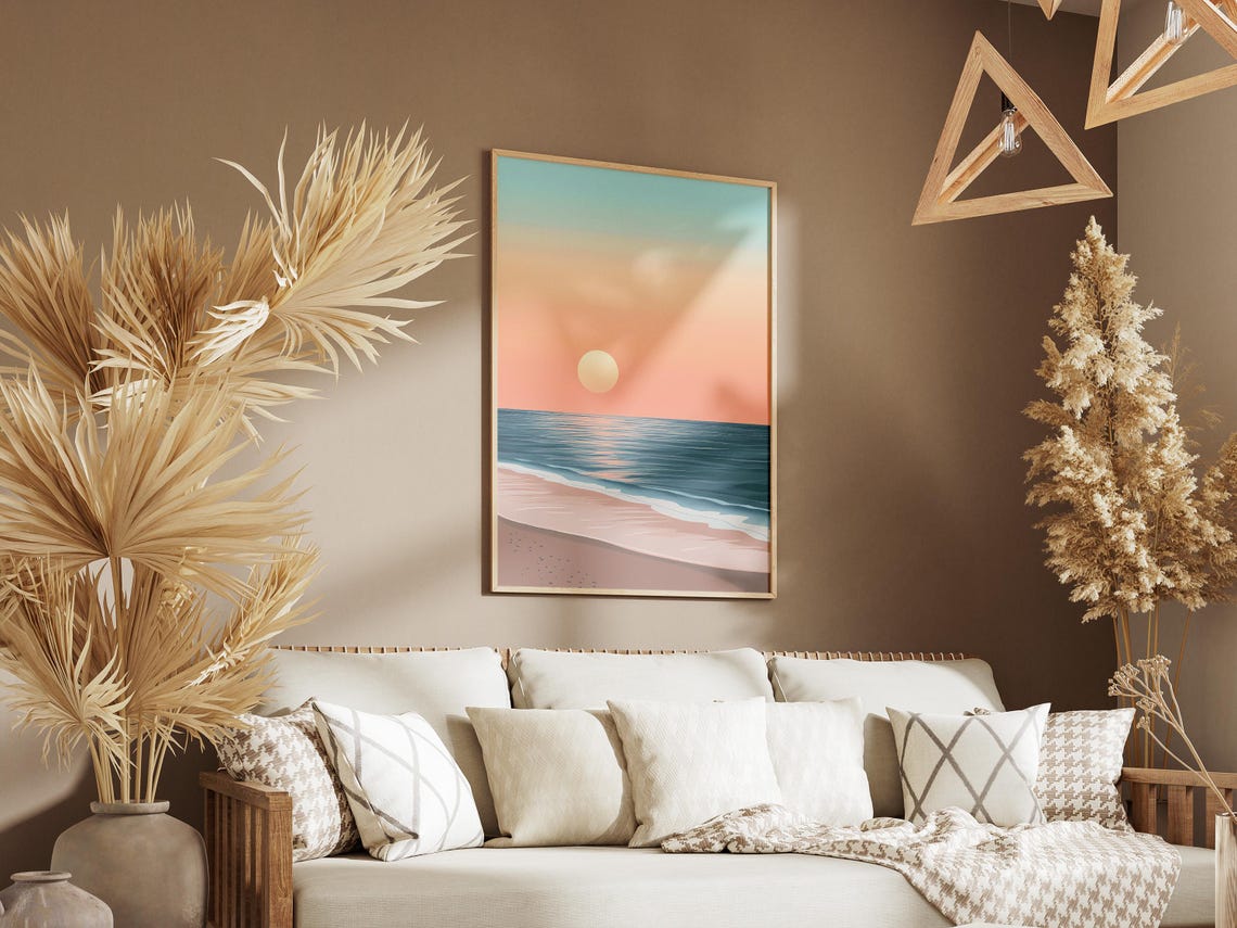 Pastel Peach Sunset Over a Calm Blue Ocean Beach Shoreline Poster - Image 3