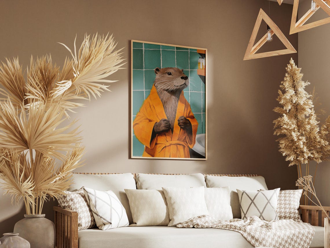 Cozy Otter In Orange Bathrobe Vintage Teal Bathroom Fun Poster - Image 3