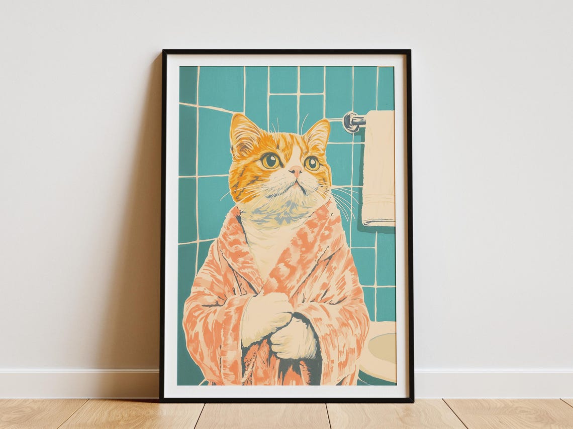 Orange Tabby Cat Bathrobe Retro Teal Bathroom Illustration Poster