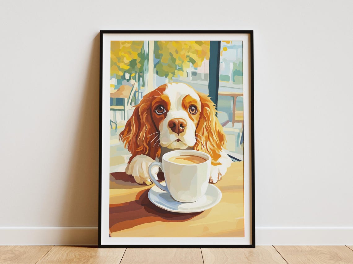 Cavalier King Charles Spaniel Puppy Behind a Coffee Cup Dog Poster